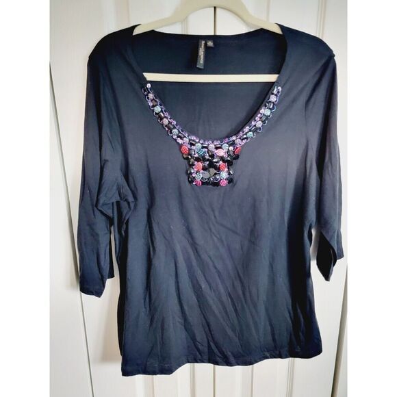Susan Lawrence 1X Top 3/4‎ Sleeve Black Large Beading Vintage USA Cotton Blnd - Picture 3 of 7
